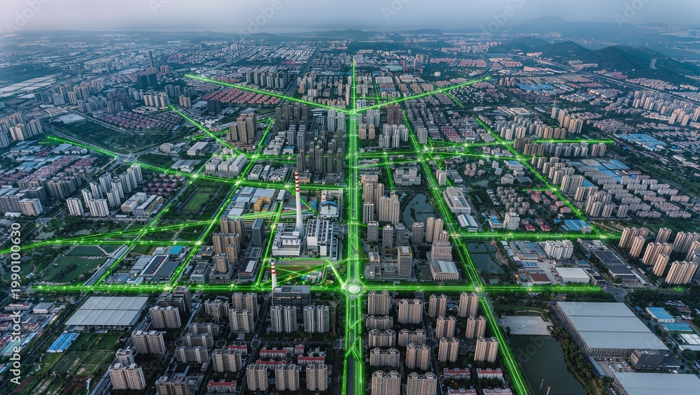 Fototapeta premium Smart Green City Network with Ecological Data Connections