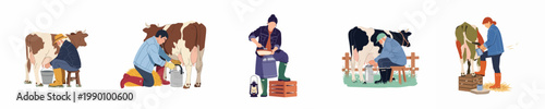 Collection of flat illustrations depicting male and female farmers milking cows and handling fresh milk on a dairy farm.