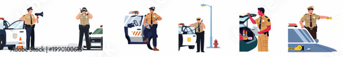 Set of flat vector illustrations depicting police officers performing different duties including surveillance, traffic control, and patrolling with their police vehicles.