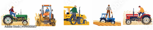Flat vector illustrations of male and female farmers operating colorful tractors in golden wheat fields for harvesting and agricultural concepts.