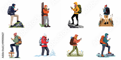 Set of illustrations featuring diverse hikers with backpacks using compasses for navigation in various outdoor environments like mountains, forests, and snow.