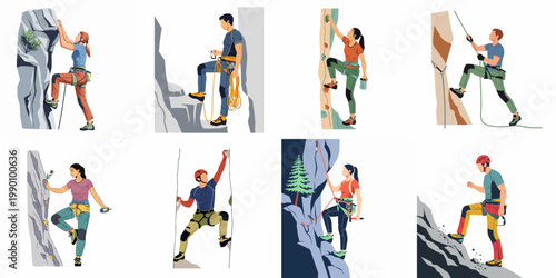 Collection of flat illustrations featuring men and women rock climbing on mountains, cliffs, and indoor walls using professional climbing gear and safety equipment.