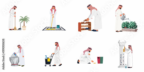 Collection of illustrations showing an Arab man in traditional clothing engaged in various housekeeping activities including cleaning, gardening, and organizing.
