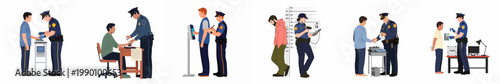Set of Flat Vector Illustrations Depicting Police Officers Performing Fingerprinting, Biometric Scanning, and Booking Procedures on Suspects.