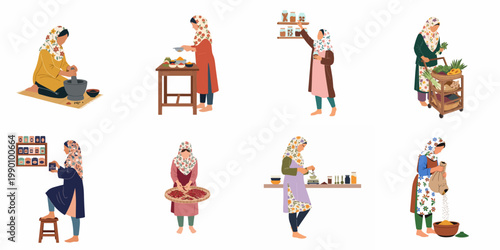 Vector illustrations of South Asian women in hijabs preparing, grinding, measuring, and organizing aromatic spices and fresh produce in a traditional kitchen.