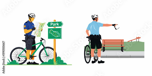 Bicycle Police Officers Patrolling and Providing Directions in a Public Park Illustration