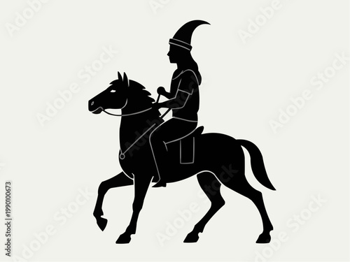 Silhouette of a rider in a conical hat on a horse in a minimalist style