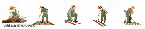 Set of diverse gardeners and farmers planting seeds, tending to soil, and working on their vegetable patches isolated on a white background.