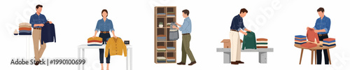 Vector illustrations of men and women organizing, folding, and selling sweaters in various retail and domestic settings, featuring knitwear stacks and displays.