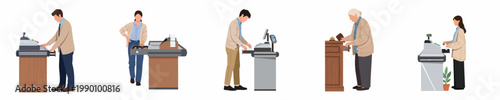 Collection of diverse cashiers operating checkout registers, isolated on a white background, featuring people of different ages in a flat vector illustration style.