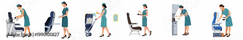 Flat vector illustrations set of a professional flight attendant providing beverage service to passengers on an airplane.