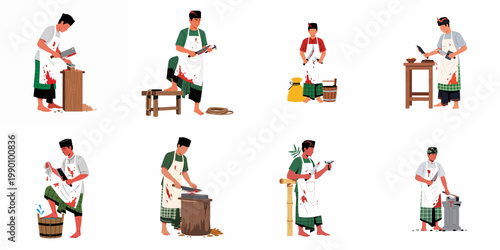 Illustration of Muslim men in traditional attire and blood-stained aprons preparing knives for sacrificial animal slaughter during the Eid al-Adha festival.