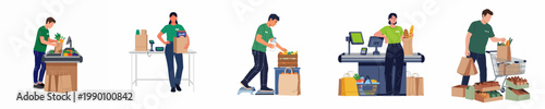 Set of supermarket workers and cashiers performing daily grocery store tasks like packing, stocking, and checkout service, isolated on white background.