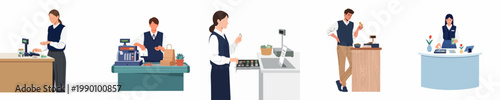 Set of flat vector illustrations featuring cashiers and retail staff working at checkout counters, handling money, and using cash registers on white background.