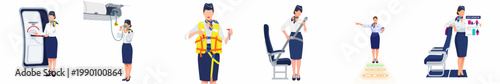 Flight attendant demonstrating airplane safety procedures including emergency exit, oxygen mask, life vest, seatbelt, and safety instructions card vector illustration set.
