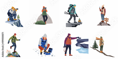 Collection of flat illustrations showing diverse photographers capturing nature in various outdoor landscapes with professional camera gear.