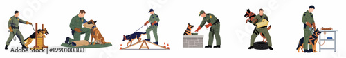 Set of flat vector illustrations depicting various stages and exercises of police K9 dog training with officers and German Shepherds.