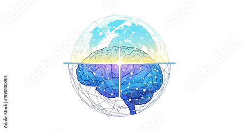 Abstract Human Brain Inside Globe Network Connections.