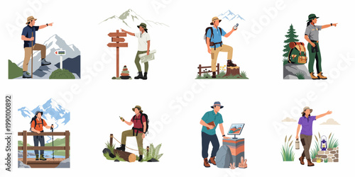 Set of flat illustrations depicting people hiking, exploring, and navigating various outdoor mountain landscapes with gear and tools for adventure and trekking.