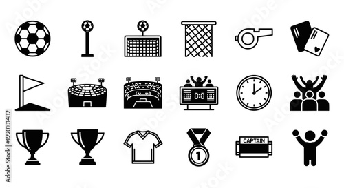 Black and white football-themed icons showcase various elements, including a soccer ball, stadium, trophy, goal, and other sports-related symbols, perfect for commercial use.