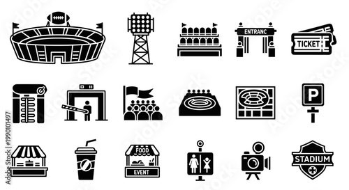 Black and white stadium icons set, featuring a football field, entrance, tickets, food stalls, and other related elements, perfect for sports events and commercial applications.