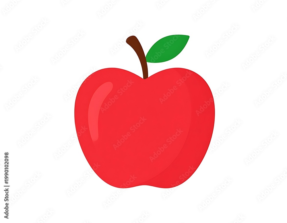 Fototapeta premium A bright red apple with a brown stem and green leaf