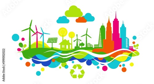 Go green colorful city. Industry sustainable development with environmental conservation background illustration. Vector. JPEG version.