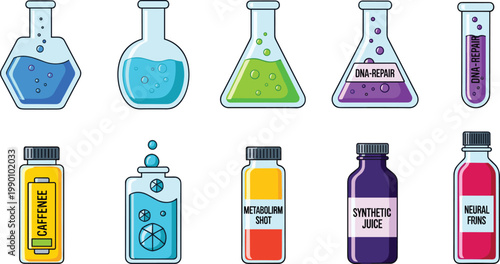 Biotech and Biohacking Performance Beverage Icon Set Featuring DNA Repair Serum Caffeine Infusion Metabolism Shot and Synthetic Neural Juice for Sci-Fi UI and Medical Designs