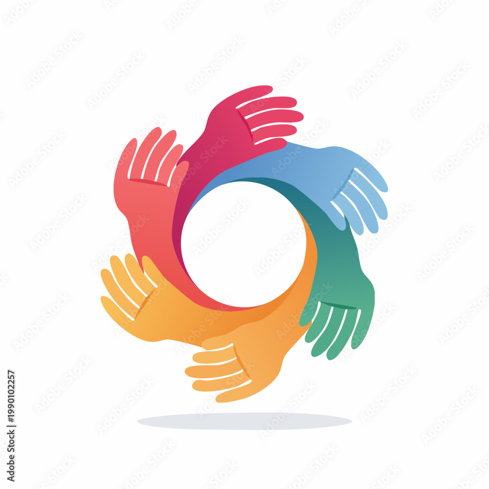 Fototapeta premium Colorful hands forming a circular pattern, symbolizing unity, diversity, and teamwork in a collaborative community.