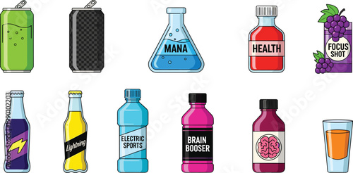 Botanical Bitters and Craft Mocktail Vector Icon Set Featuring Herbal Infusion Botanical Tonic Berry Shrub and Bitter Orange Aperitif for Modern Bar and Lounge Menus