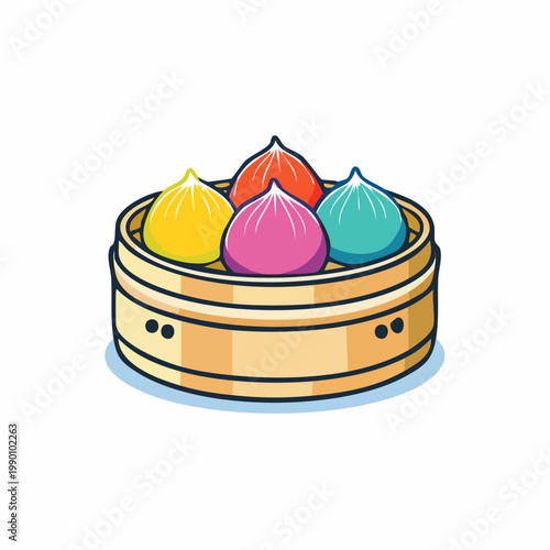 Colorful steamed dumplings in a bamboo steamer, a vibrant illustration of Asian cuisine.
