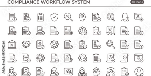 Compliance Workflow System Outline Icon Set with Regulatory Management Audit Security Verification and Business Process Tools for Apps