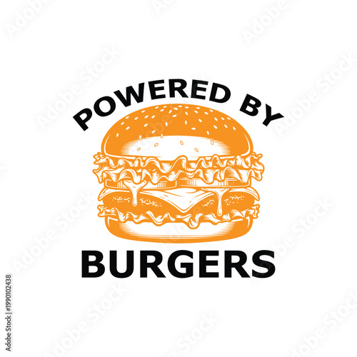 A vibrant orange illustration of a cheeseburger with the text powered by burgers
