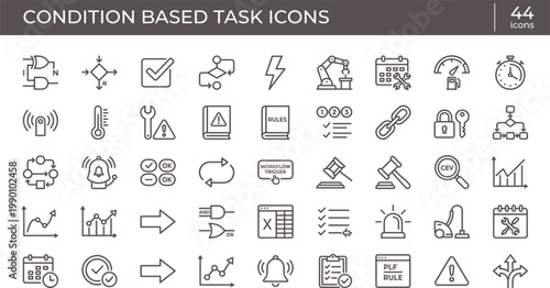 Condition Based Task Icons Outline Style with Automation Triggers Sensors Monitoring Rules and Workflow Management Tools for Apps