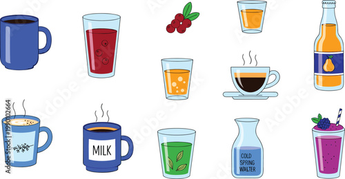Comprehensive Beverage Vector Illustration Set Featuring Coffee Mugs, Fruit Juices, Smoothies, Hot Tea, Milk, Spring Water, and Soda Bottle Icons for Healthy Lifestyle Menus