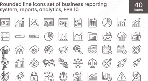 Business Reporting Analytics Icon Set Rounded Outline Style with Data Visualization Charts Finance Metrics and Dashboard Tools for Apps