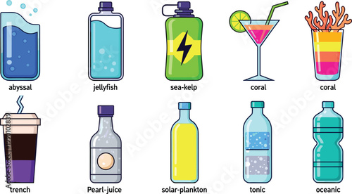 Creative Oceanic and Nautical Themed Beverage Vector Illustration Set Featuring Fantasy Drinks Like Pearl Juice, Abyssal Water, Sea Kelp Energy, and Coral Cocktails