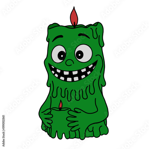 A cartoon illustration of a green, melting candle monster, holding a smaller candle.