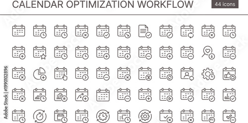 Calendar Optimization Workflow Icon Set Outline Style with Scheduling Planning Time Management and Productivity Tools for Apps