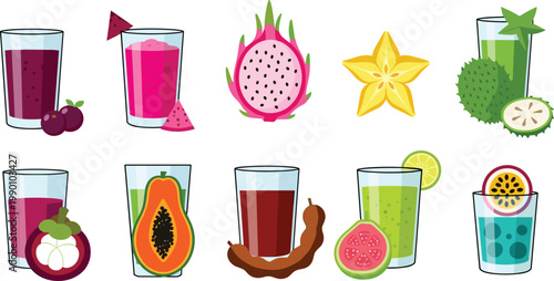 Exotic Tropical Fruit Juice and Smoothie Vector Icon Set Featuring Dragon Fruit Starfruit Mangosteen Soursop Papaya and Tamarind Drinks for Healthy Cafe Menus