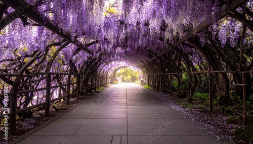 Tunnel path covered with blooming purple wisteria flowers in spring, romantic garden walkway, vibrant floral scenery, perfect for travel backgrounds