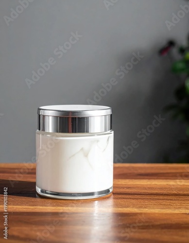 Cosmetic jar with white cream on a wooden table, beauty skincare product packaging, mockup for branding, natural moisturizer, wellness and luxury