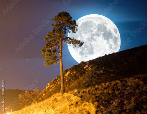 Full moon rising behind a solitary pine tree on a rugged hill at night, dramatic lunar landscape, celestial wonder, mystical nature atmosphere