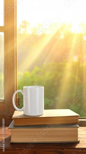 White coffee mug resting on stacked vintage books near window with golden sun rays, peaceful morning relaxation, study atmosphere, cozy home living