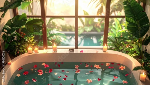 Bathtub filled with water and flower petals, surrounded by burning candles and lush tropical plants near pool view, serenity and wellness retreat atmosphere