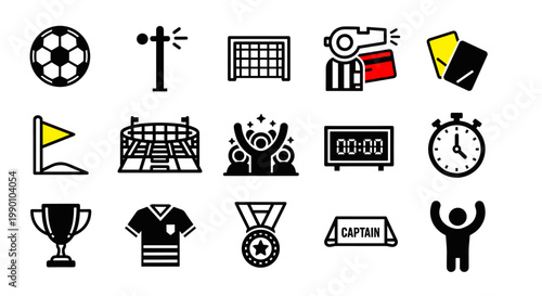 Foto Soccer icons set, comprising a soccer ball, referee, goal, stadium, fans celebra