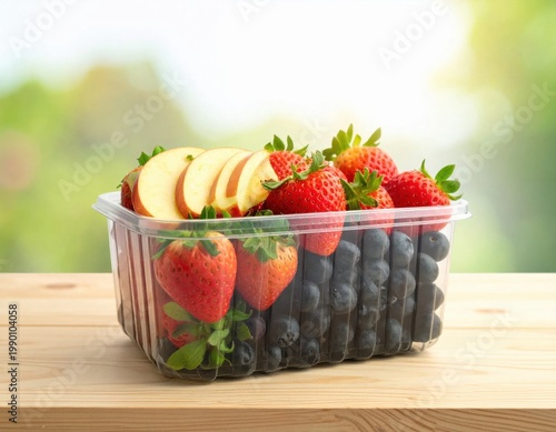 Fresh strawberries, blueberries and sliced apple in a plastic container on wooden table, healthy snack, farm produce, seasonal fruits, organic vitamins
