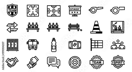 Set of minimalist black and white sports icons, featuring football field, stadium, whistle, team, handshake, communication, and other elements, perfect for scalable commercial
