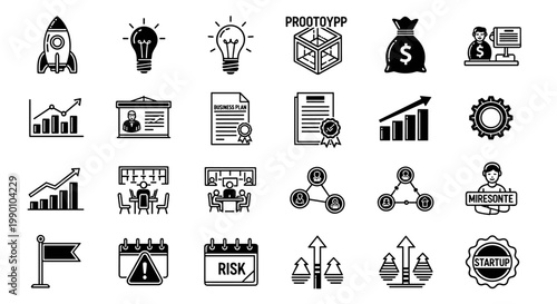 Set of monochrome business icons depicting startup, finance, and innovation concepts, including rocket, light bulb, money bag, charts, and meeting room, perfect for scalable