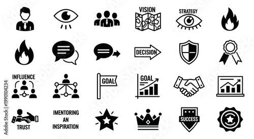 Set of monochrome business icons depicting vision, strategy, teamwork, success, and goals, designed with clean lines and scalable vector shapes for versatile commercial